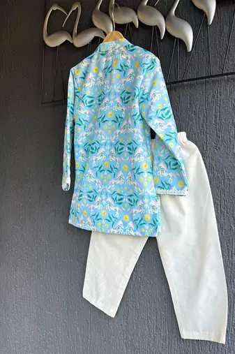 Sky blue floral printed cotton silk father son kurta combo set