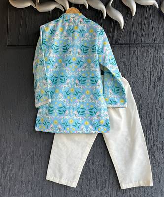 Sky blue floral printed cotton silk father son kurta combo set 4