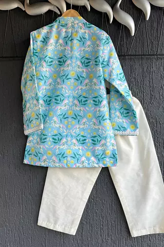 Sky blue floral printed cotton silk father son kurta combo set