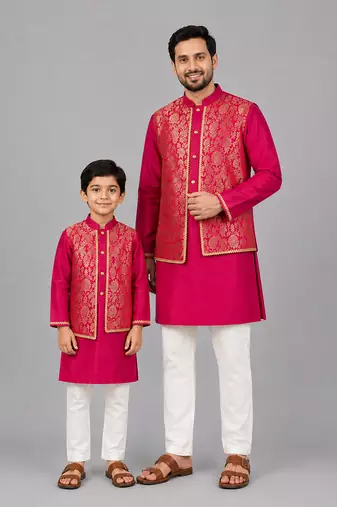 Hot pink embroidered cotton silk father son kurta combo set