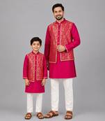Hot pink embroidered cotton silk father son kurta combo set