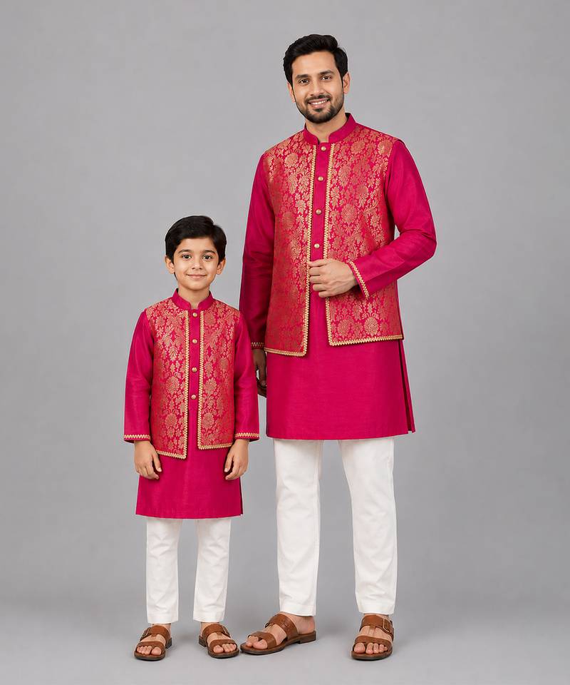 Hot pink embroidered cotton silk father son kurta combo set