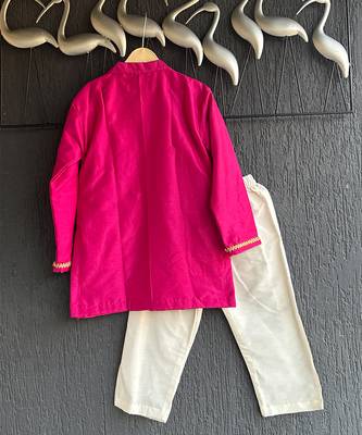 Hot pink embroidered cotton silk father son kurta combo set 2