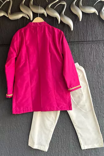 Hot pink embroidered cotton silk father son kurta combo set