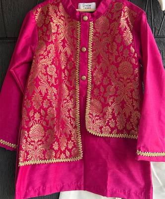 Hot pink embroidered cotton silk father son kurta combo set 3