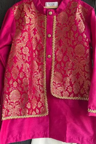 Hot pink embroidered cotton silk father son kurta combo set