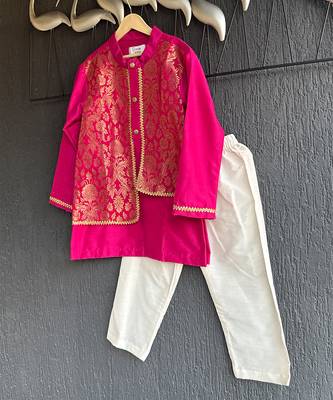 Hot pink embroidered cotton silk father son kurta combo set 4