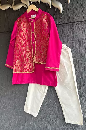 Hot pink embroidered cotton silk father son kurta combo set