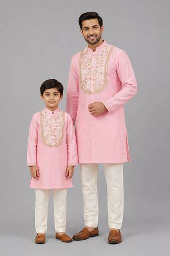 Baby pink embroidered cotton silk father son kurta combo set
