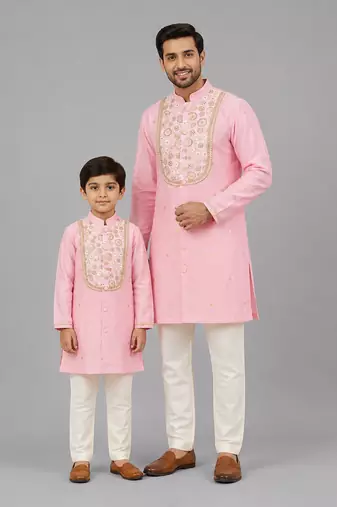 Baby pink embroidered cotton silk father son kurta combo set