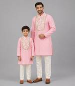 Baby pink embroidered cotton silk father son kurta combo set