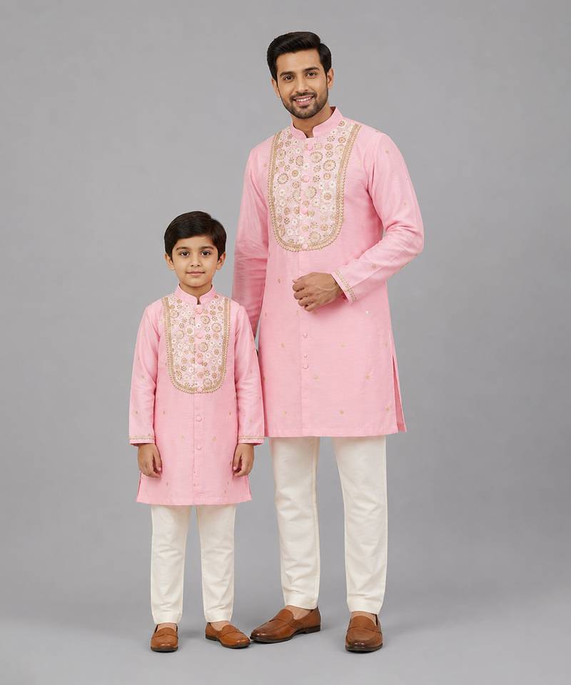 Baby pink embroidered cotton silk father son kurta combo set