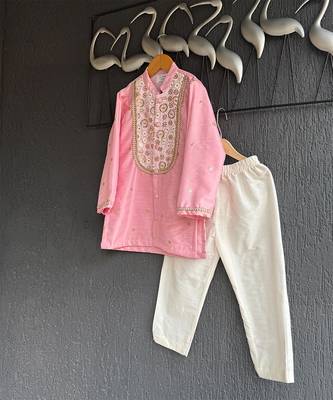 Baby pink embroidered cotton silk father son kurta combo set 2
