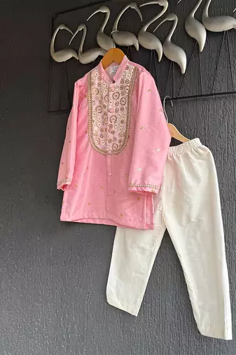 Baby pink embroidered cotton silk father son kurta combo set