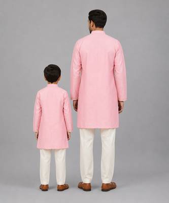 Baby pink embroidered cotton silk father son kurta combo set 3