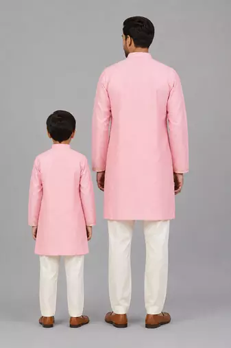 Baby pink embroidered cotton silk father son kurta combo set