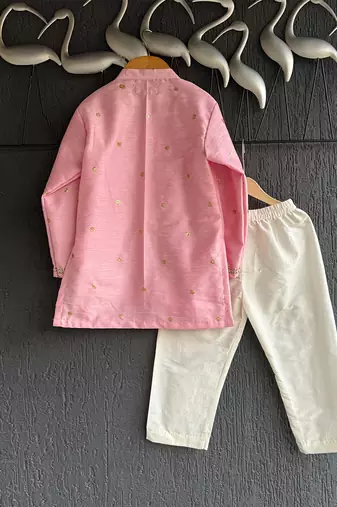 Baby pink embroidered cotton silk father son kurta combo set