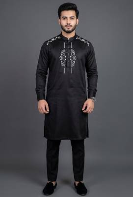 Black silk kurta set for men's 1