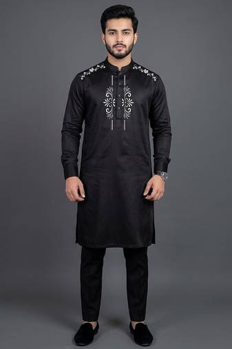Black silk kurta set for men's
