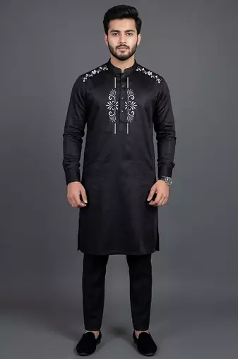 Black silk kurta set for men's