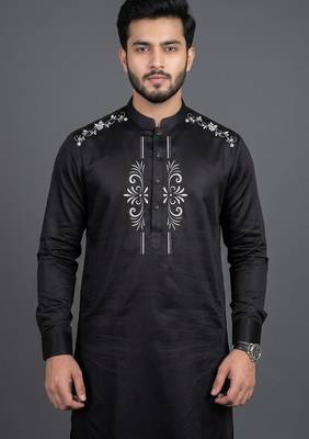 Black silk kurta set for men's 3