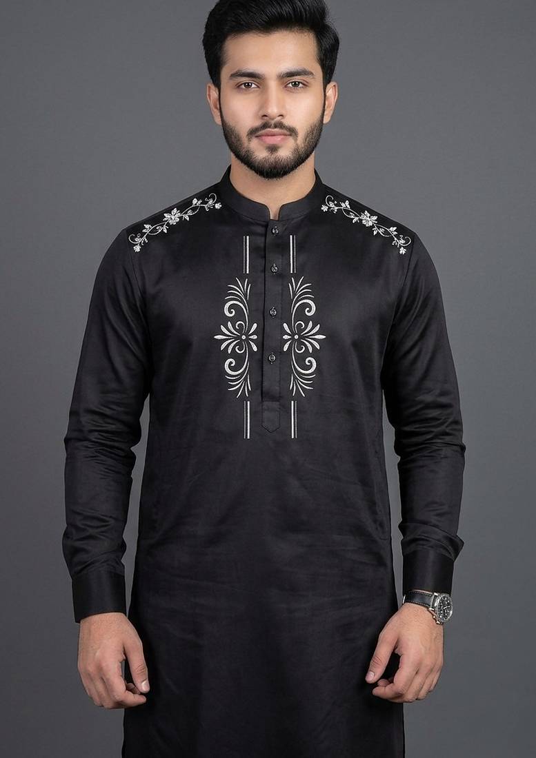 Black silk kurta set for men's