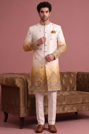 Men multicolor embroidered satin indo western for men