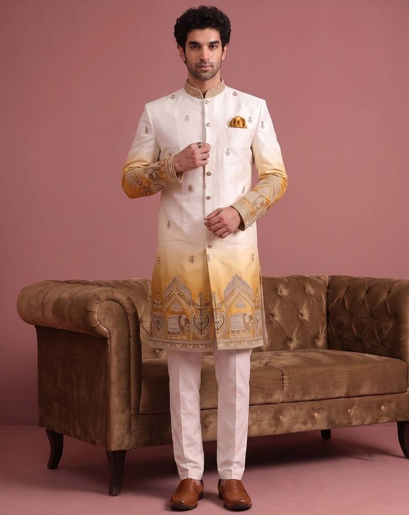 Men multicolor embroidered satin indo western for men
