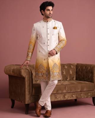 Men multicolor embroidered satin indo western for men 2