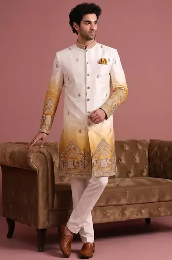 Men multicolor embroidered satin indo western for men