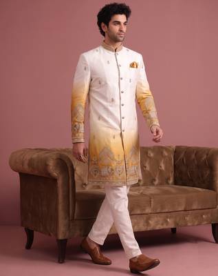 Men multicolor embroidered satin indo western for men 3