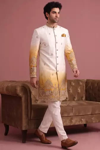 Men multicolor embroidered satin indo western for men