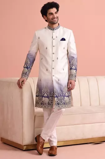 Men multicolor embroidered satin indo western for men