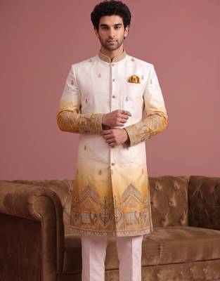Men multicolor embroidered satin indo western for men 4