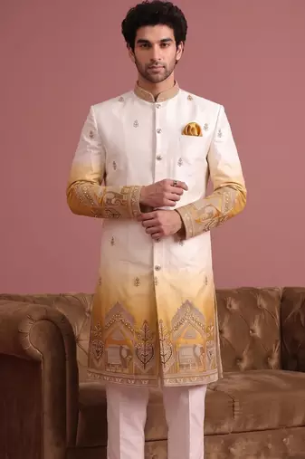Men multicolor embroidered satin indo western for men