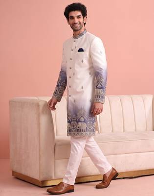 Men multicolor embroidered satin indo western for men 3