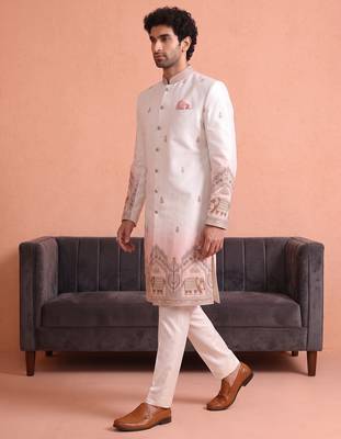 Men multicolor embroidered satin indo western for men 3