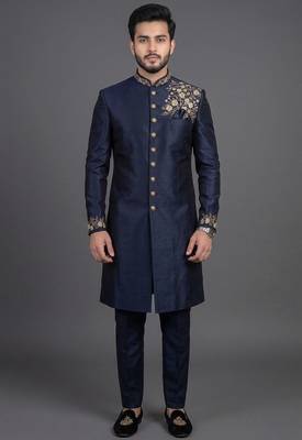 Navy blue silk indo sherwani set for men's 1