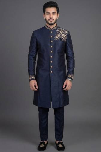 Navy blue silk indo sherwani set for men's