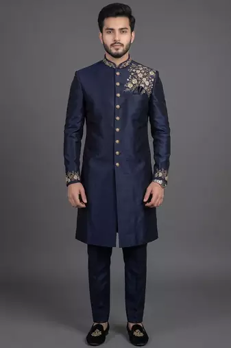Navy blue silk indo sherwani set for men's