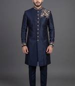 Navy blue silk indo sherwani set for men's