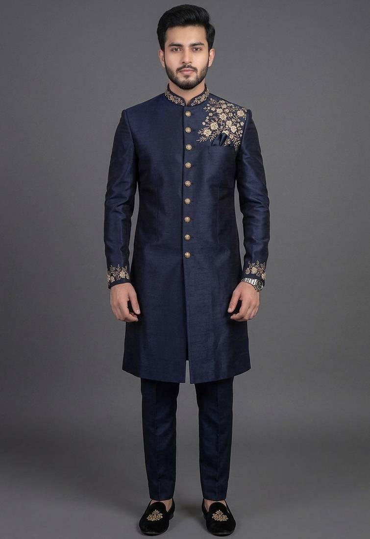 Navy blue silk indo sherwani set for men's