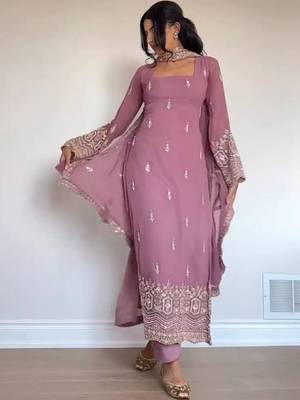 Women's Beautiful Embroidery Work Faux Georgette Fabric Straight Kurta Pant and Dupatta Set 1