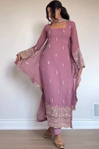 Women's Beautiful Embroidery Work Faux Georgette Fabric Straight Kurta Pant and Dupatta Set