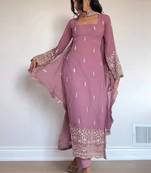 Women's Beautiful Embroidery Work Faux Georgette Fabric Straight Kurta Pant and Dupatta Set