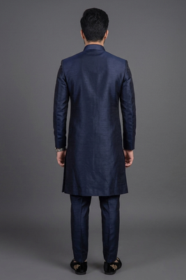 Navy blue silk indo sherwani set for men's 2