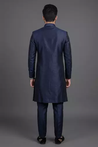 Navy blue silk indo sherwani set for men's