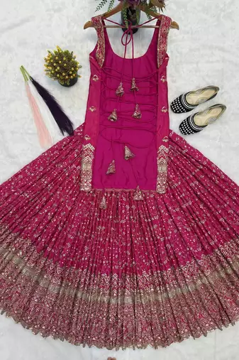 Rani pink embroidery chinnon silk blend  sharara suit set