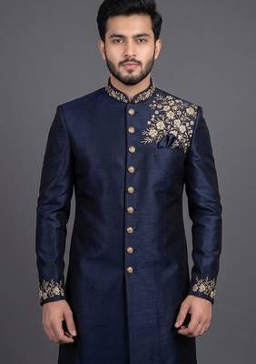Navy blue silk indo sherwani set for men's 3