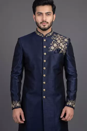 Navy blue silk indo sherwani set for men's